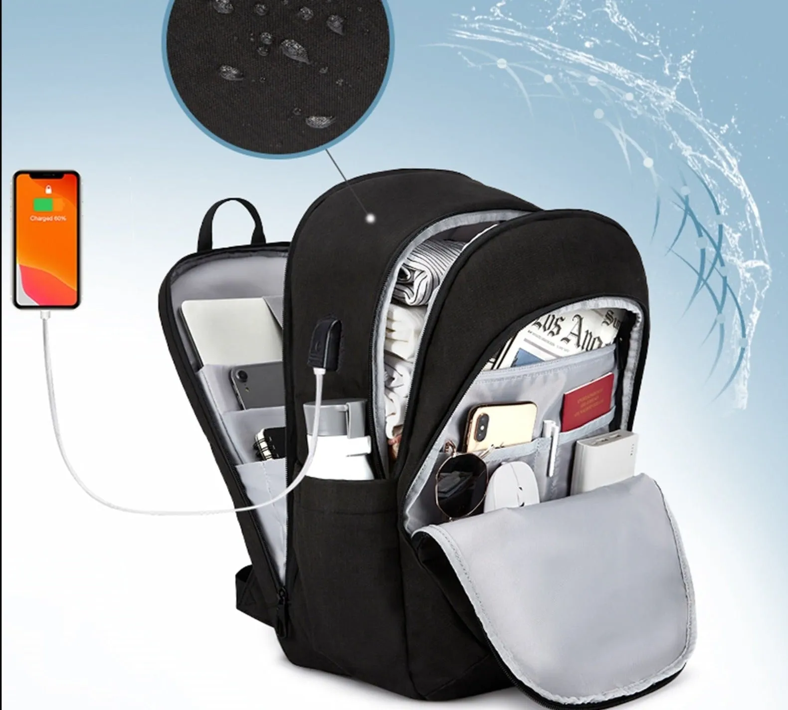 School/Business Smart Waterproof Laptop Backpacks with USB Charging Port