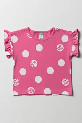 Spot Short Sleeve T-Shirt With Frill Pink