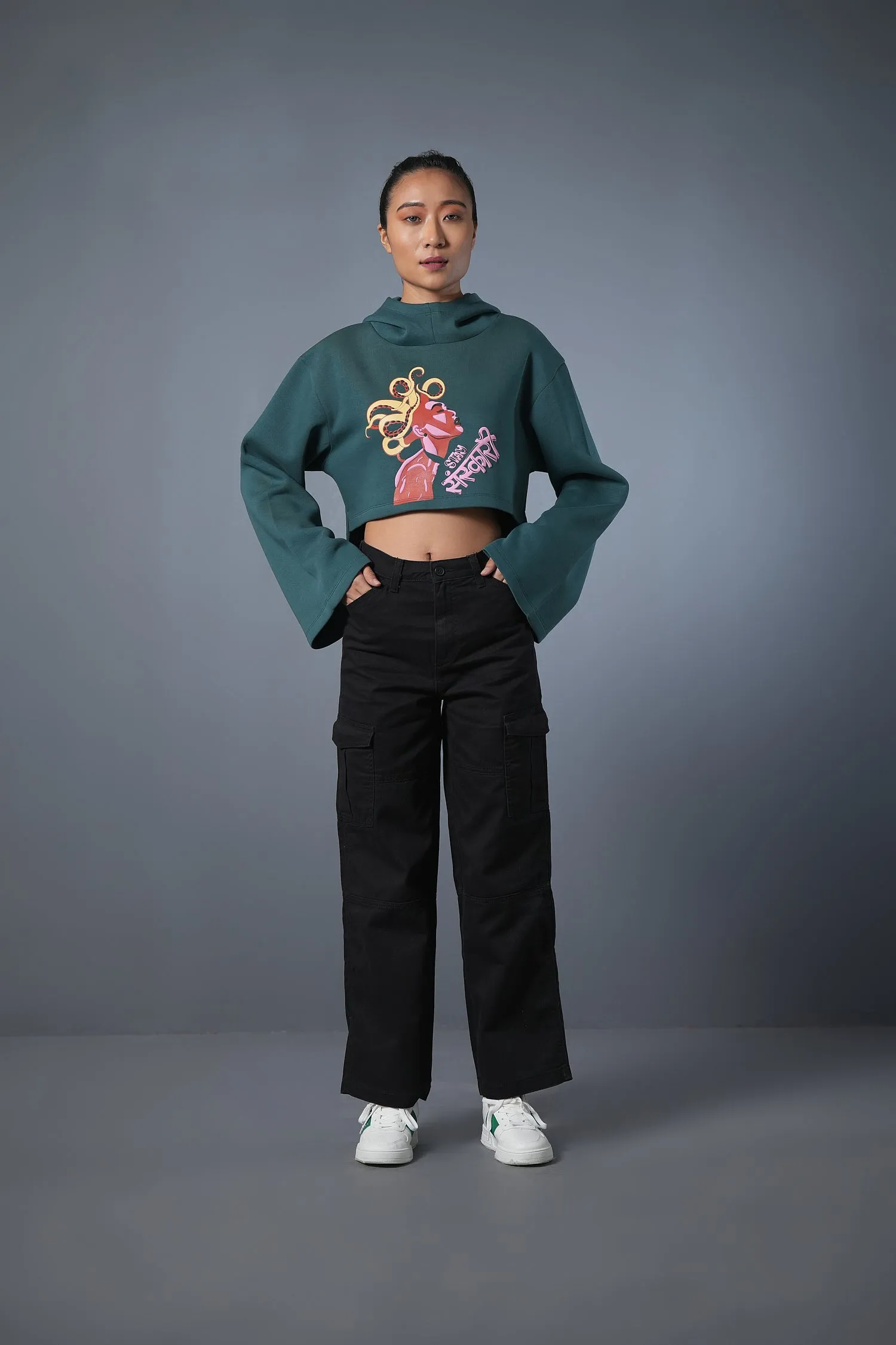 STAY SANSKARI HIGH LOW HOODIE GREEN