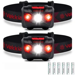 Vekkia Ultra Bright LED Headlamp Flashlight (2 Pack), White and Red Light Headlight with Adjustable Headband, IPX6 Waterproof Head Lamp for Outdoors,Camping,Running,Cycling,Hiking. Batteries Included