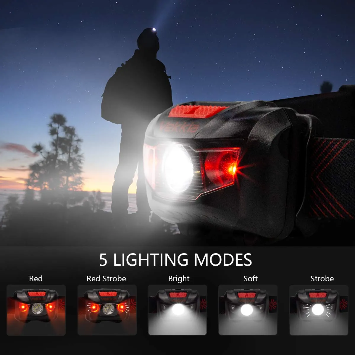 Vekkia Ultra Bright LED Headlamp Flashlight (2 Pack), White and Red Light Headlight with Adjustable Headband, IPX6 Waterproof Head Lamp for Outdoors,Camping,Running,Cycling,Hiking. Batteries Included