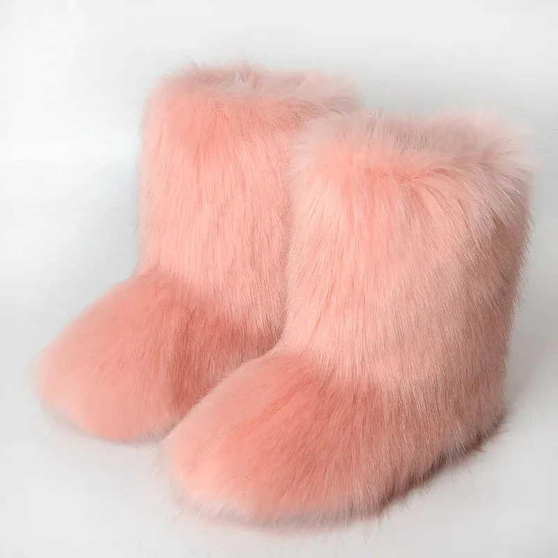 Women's Fuzzy Fur Snow Boots – Fluffy Plush Lined Slip-On Winter Footwear with Bowtie