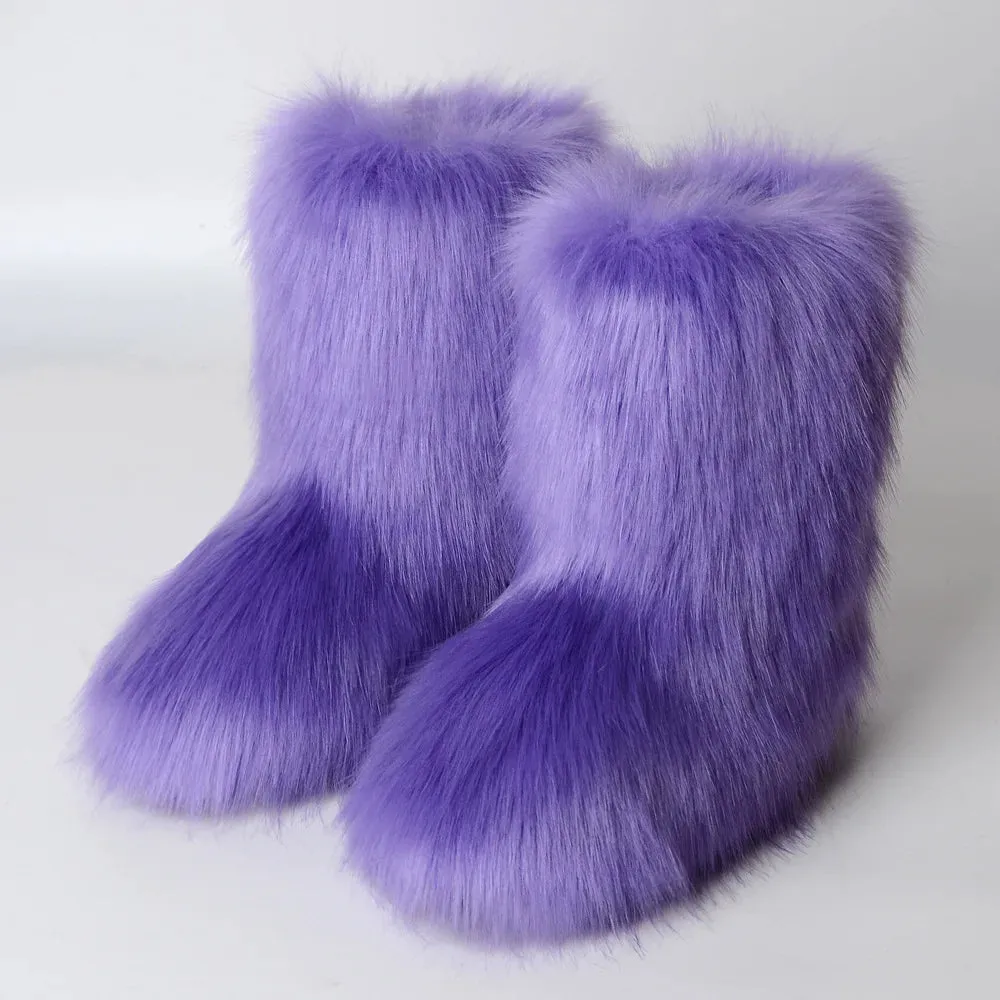 Women's Fuzzy Fur Snow Boots – Fluffy Plush Lined Slip-On Winter Footwear with Bowtie