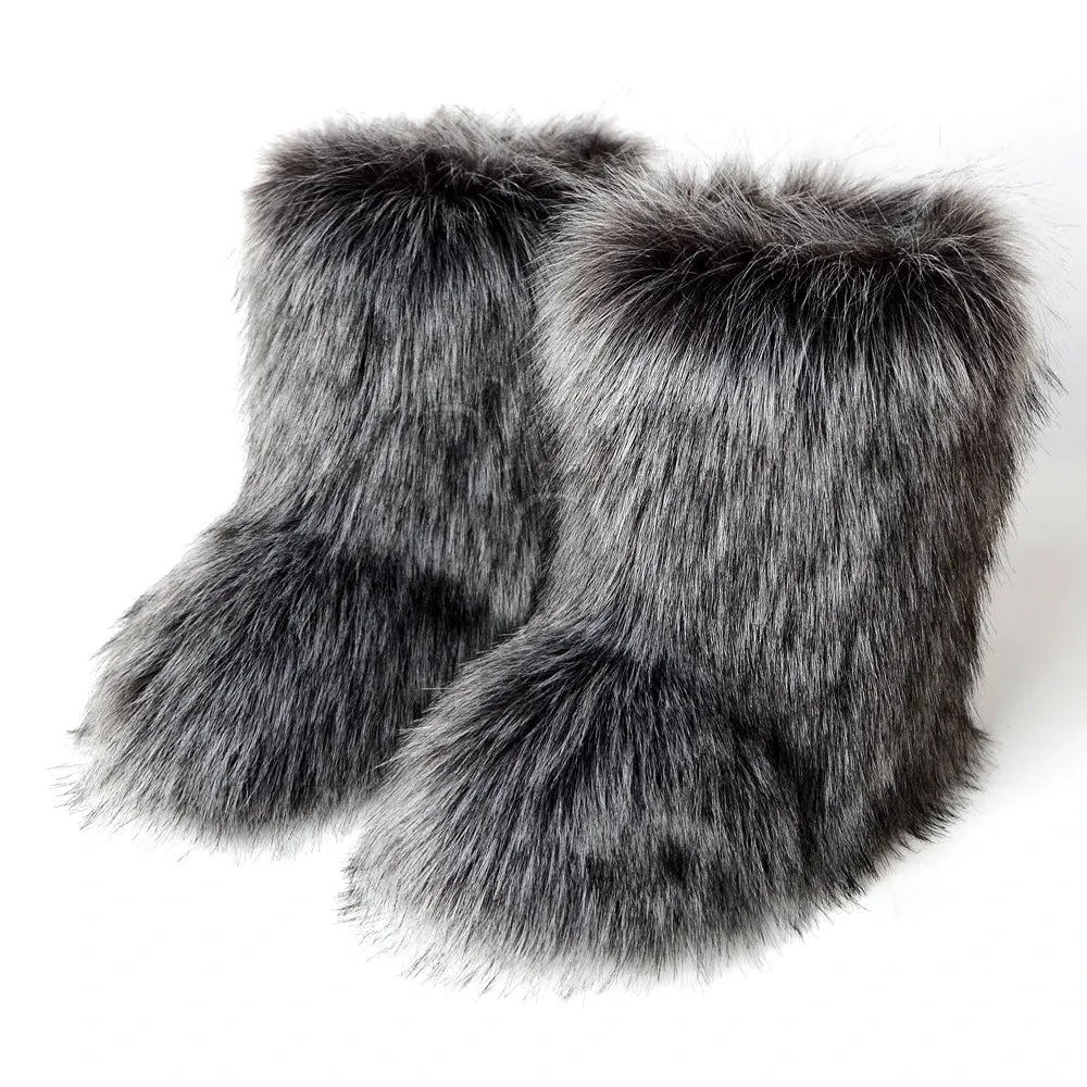 Women's Fuzzy Fur Snow Boots – Fluffy Plush Lined Slip-On Winter Footwear with Bowtie