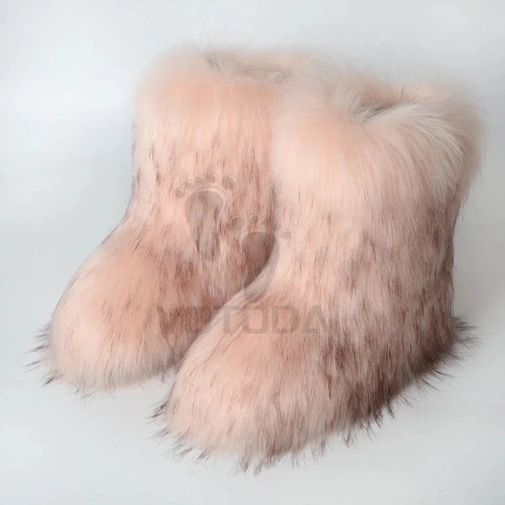 Women's Fuzzy Fur Snow Boots – Fluffy Plush Lined Slip-On Winter Footwear with Bowtie