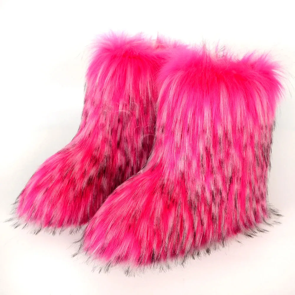 Women's Fuzzy Fur Snow Boots – Fluffy Plush Lined Slip-On Winter Footwear with Bowtie