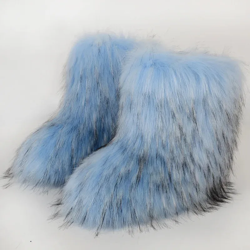 Women's Fuzzy Fur Snow Boots – Fluffy Plush Lined Slip-On Winter Footwear with Bowtie