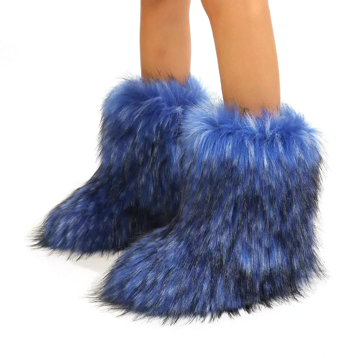 Women's Fuzzy Fur Snow Boots – Fluffy Plush Lined Slip-On Winter Footwear with Bowtie