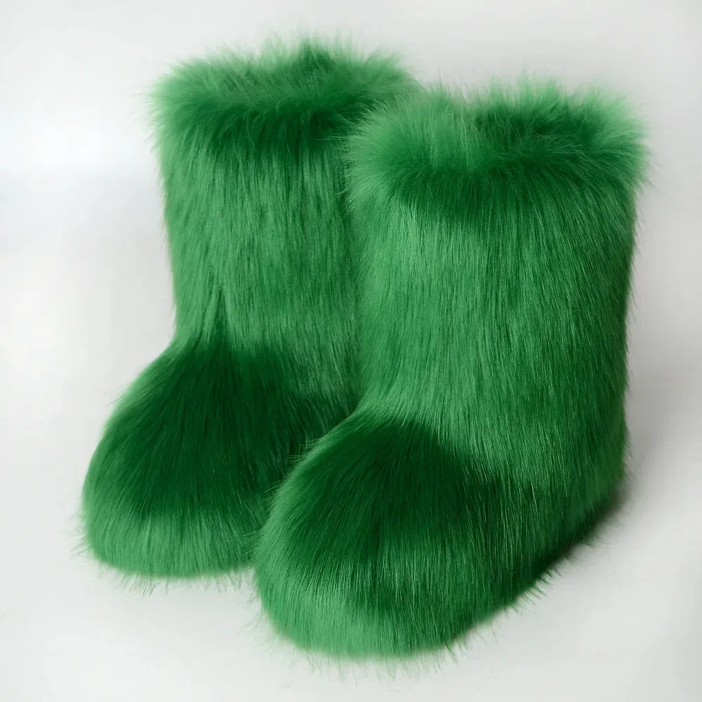 Women's Fuzzy Fur Snow Boots – Fluffy Plush Lined Slip-On Winter Footwear with Bowtie