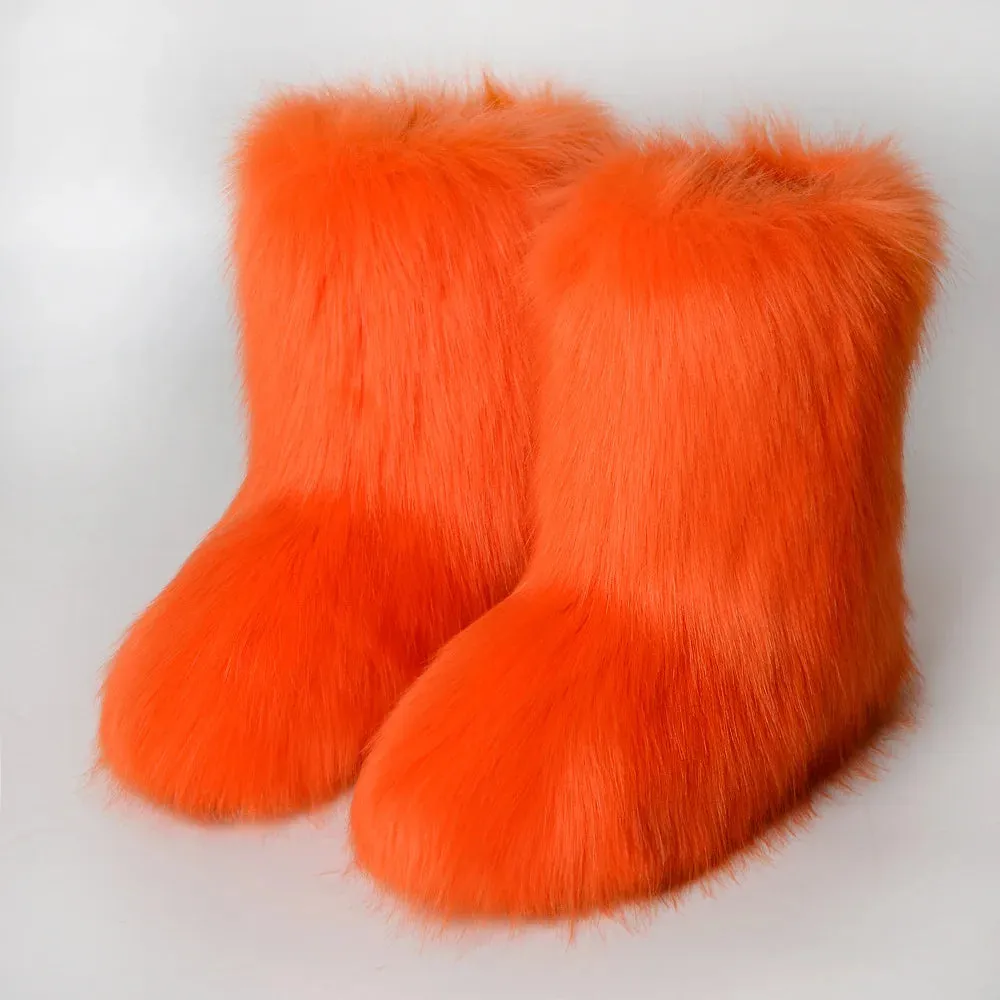 Women's Fuzzy Fur Snow Boots – Fluffy Plush Lined Slip-On Winter Footwear with Bowtie