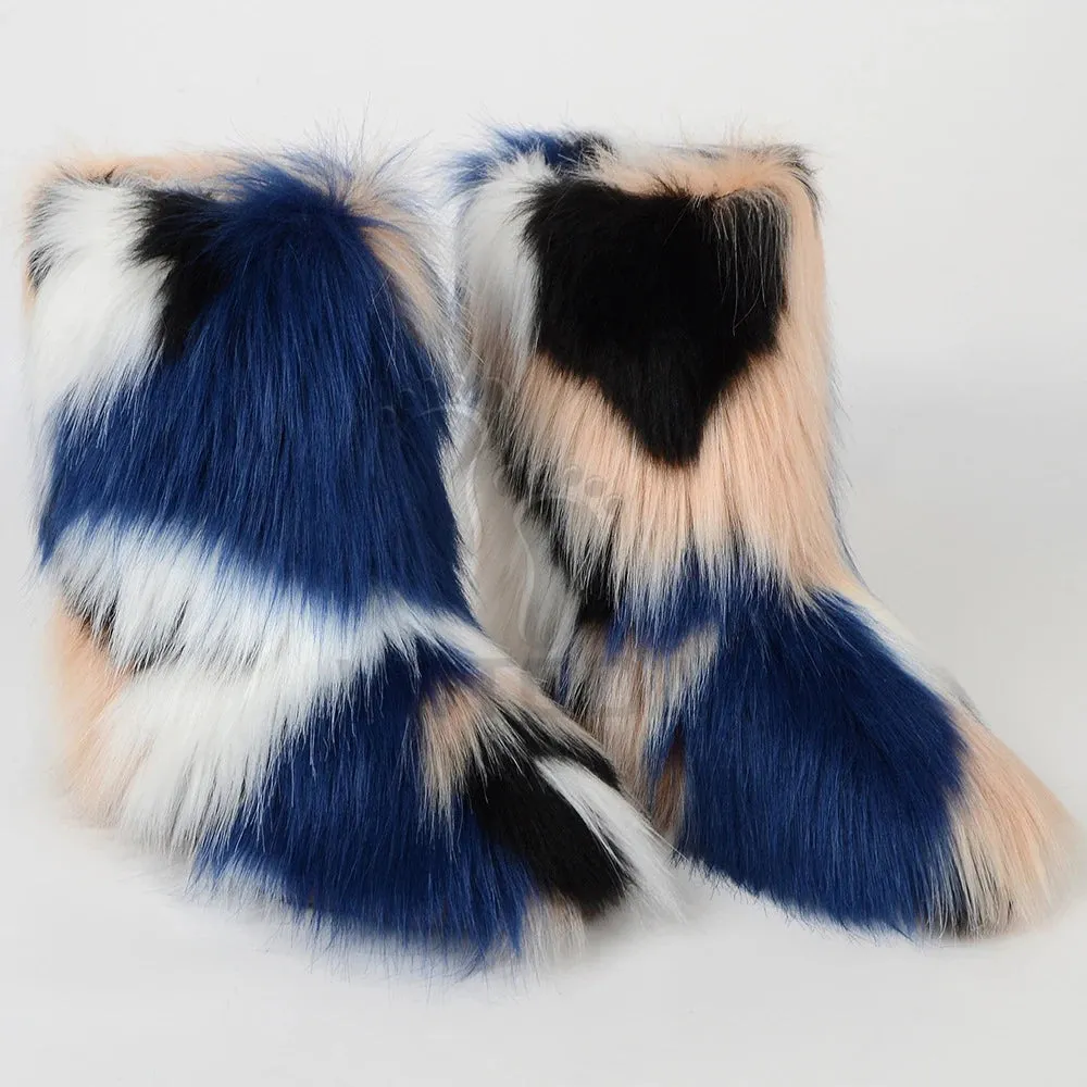 Women's Fuzzy Fur Snow Boots – Fluffy Plush Lined Slip-On Winter Footwear with Bowtie