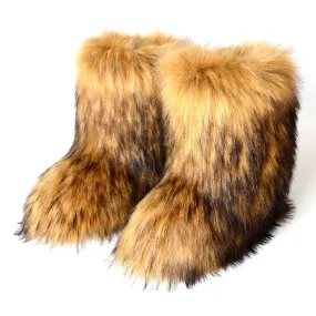 Women's Fuzzy Fur Snow Boots – Fluffy Plush Lined Slip-On Winter Footwear with Bowtie