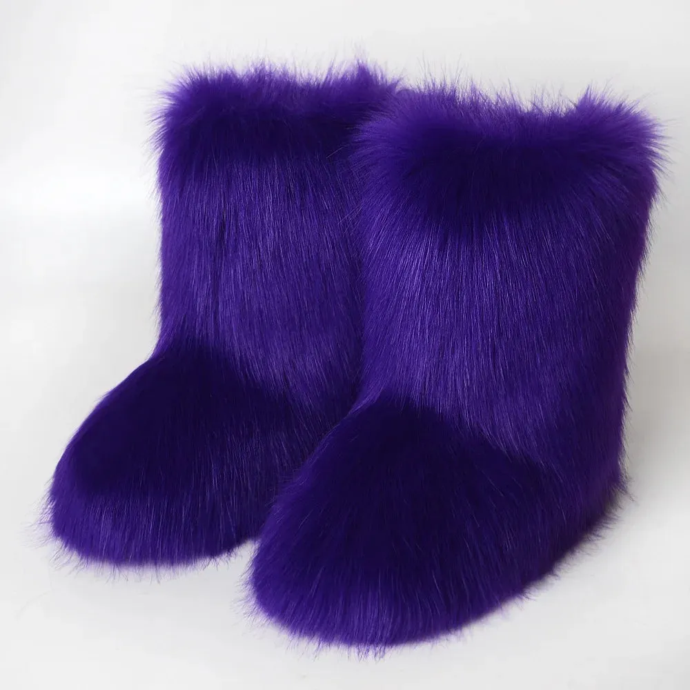 Women's Fuzzy Fur Snow Boots – Fluffy Plush Lined Slip-On Winter Footwear with Bowtie