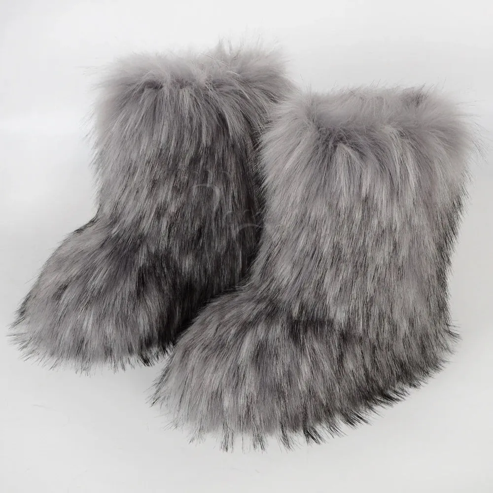 Women's Fuzzy Fur Snow Boots – Fluffy Plush Lined Slip-On Winter Footwear with Bowtie