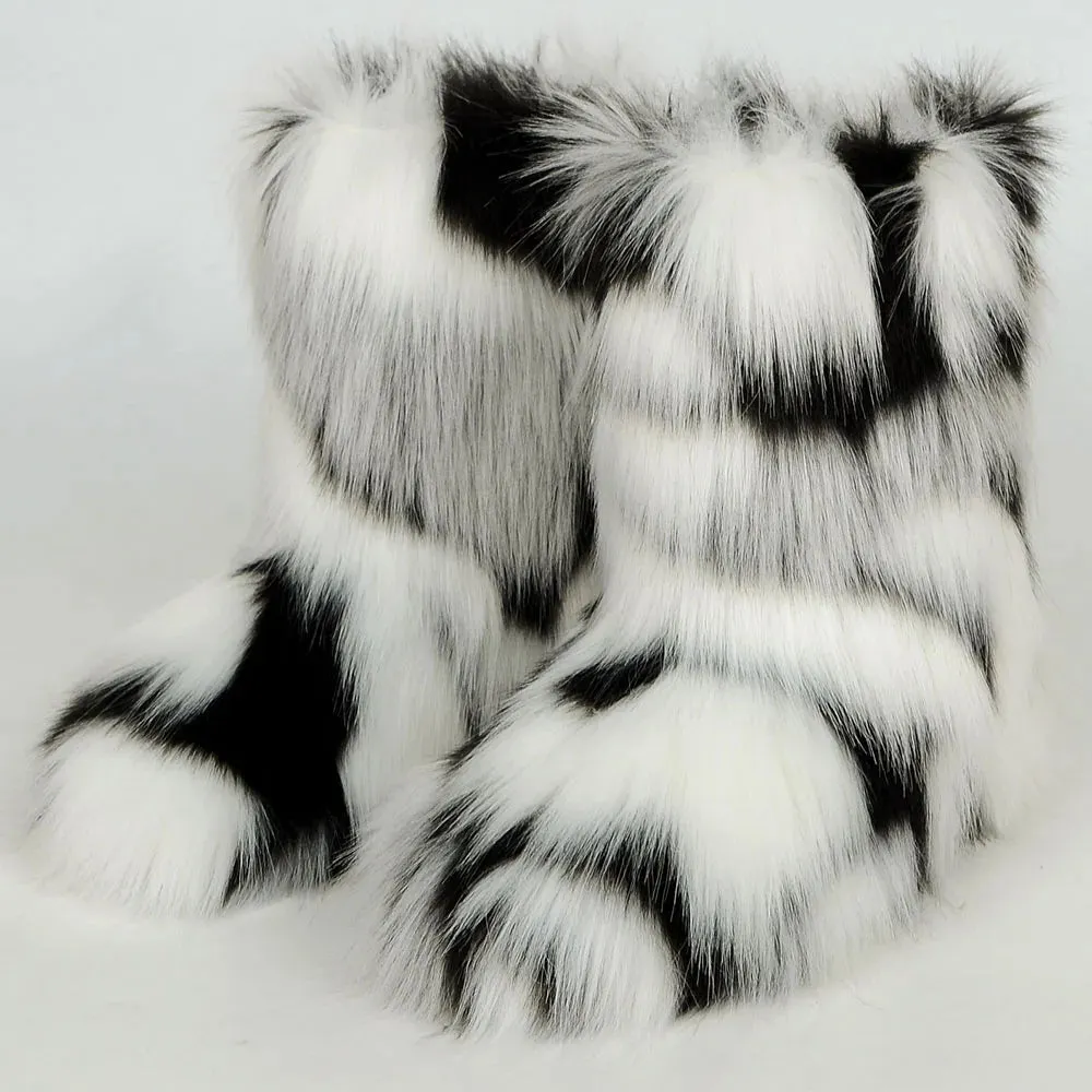 Women's Fuzzy Fur Snow Boots – Fluffy Plush Lined Slip-On Winter Footwear with Bowtie