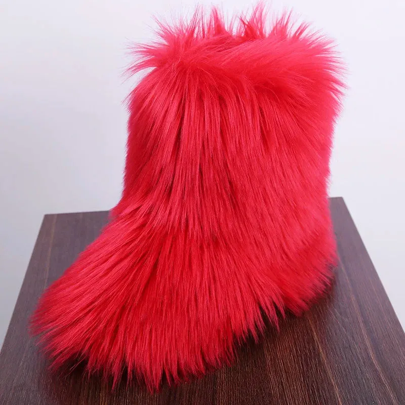 Women's Fuzzy Fur Snow Boots – Fluffy Plush Lined Slip-On Winter Footwear with Bowtie
