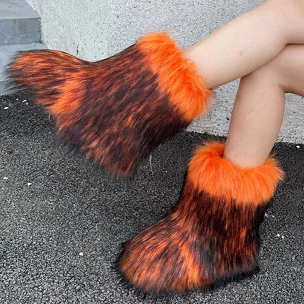 Women's Fuzzy Fur Snow Boots – Fluffy Plush Lined Slip-On Winter Footwear with Bowtie
