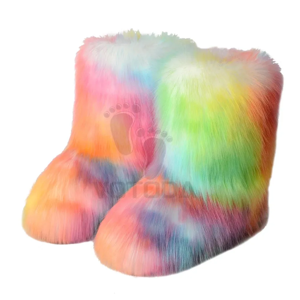 Women's Fuzzy Fur Snow Boots – Fluffy Plush Lined Slip-On Winter Footwear with Bowtie