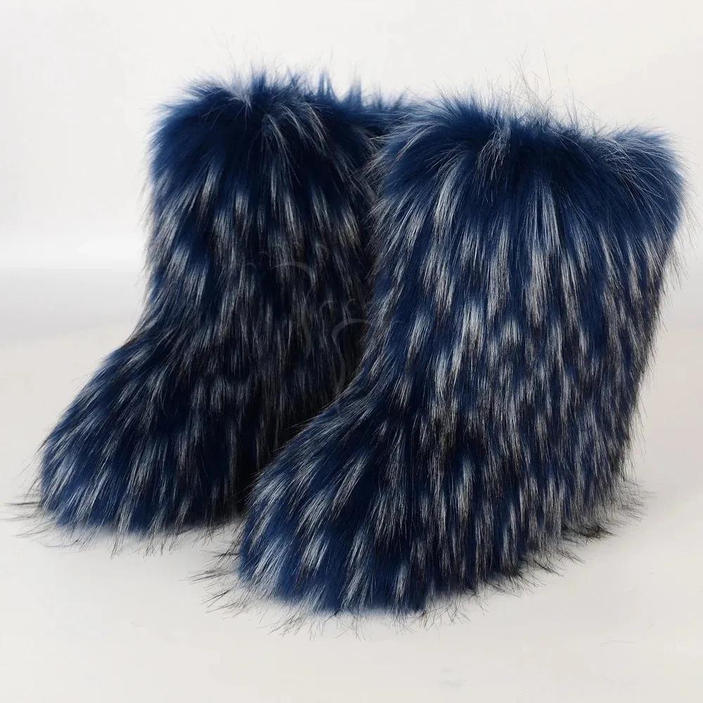 Women's Fuzzy Fur Snow Boots – Fluffy Plush Lined Slip-On Winter Footwear with Bowtie