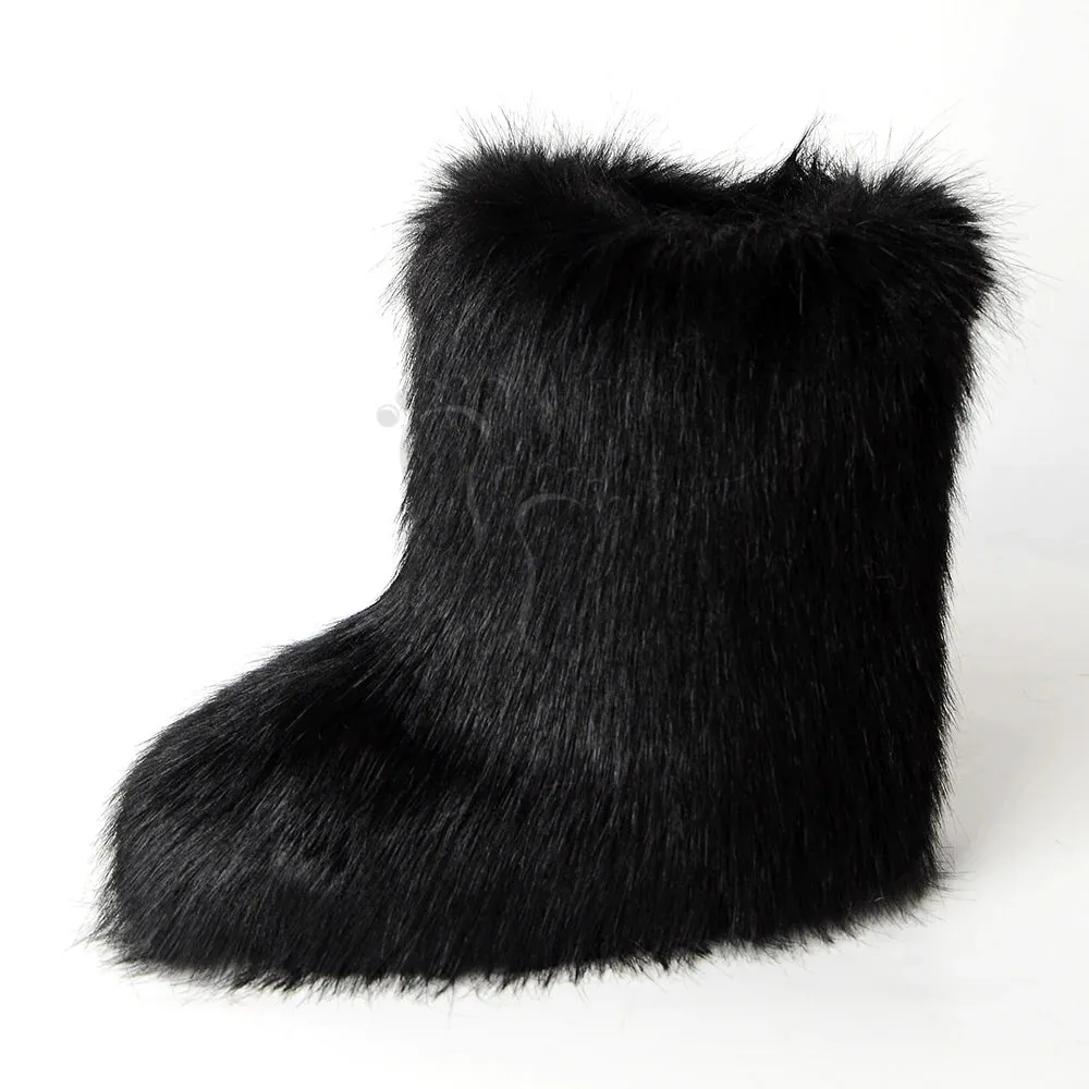 Women's Fuzzy Fur Snow Boots – Fluffy Plush Lined Slip-On Winter Footwear with Bowtie