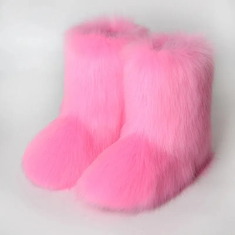 Women's Fuzzy Fur Snow Boots – Fluffy Plush Lined Slip-On Winter Footwear with Bowtie
