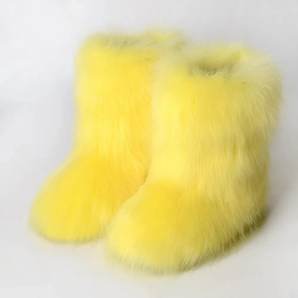 Women's Fuzzy Fur Snow Boots – Fluffy Plush Lined Slip-On Winter Footwear with Bowtie