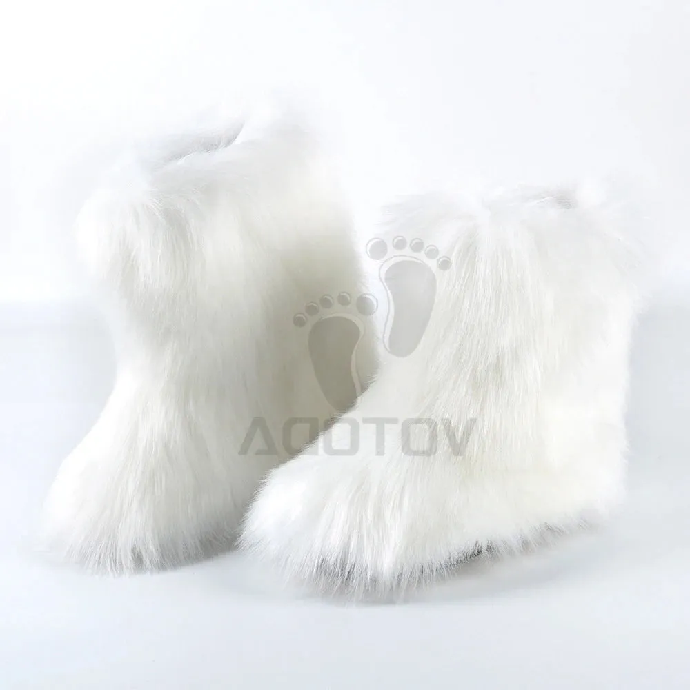 Women's Fuzzy Fur Snow Boots – Fluffy Plush Lined Slip-On Winter Footwear with Bowtie