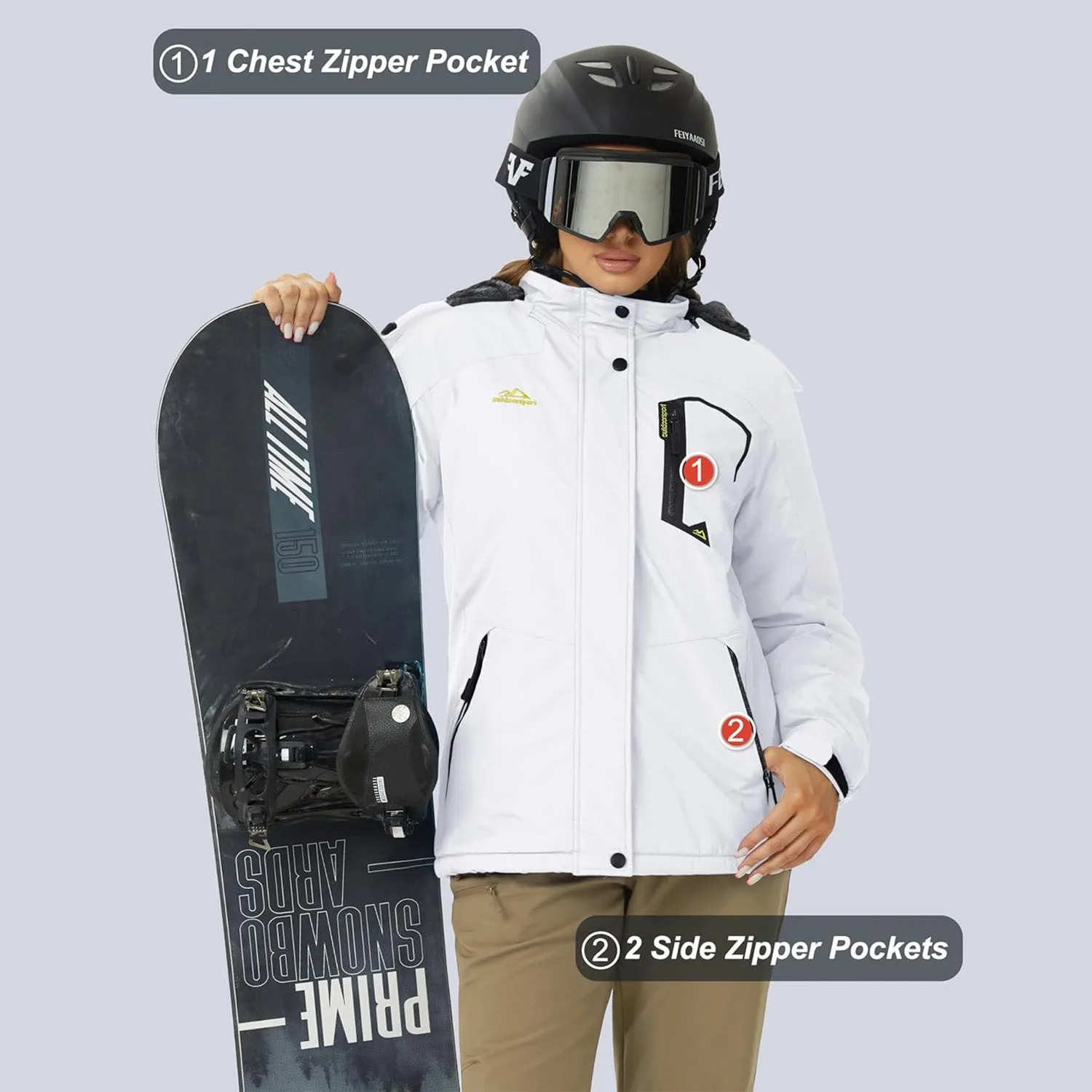 Women's Water-Resistant Fleece Ski Jacket with 4 Pockets - Warm Parka