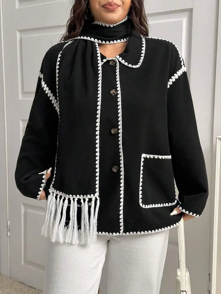 Women's Woolen Coat Scarf Spliced Fashionable Versatile Sweater Coat     B198274