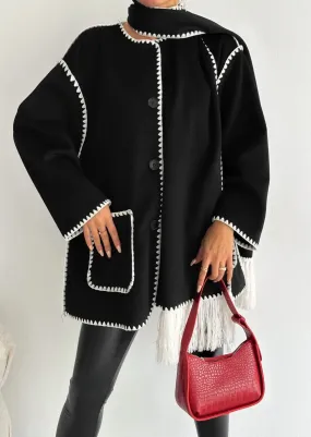 Women's Woolen Coat Scarf Spliced Fashionable Versatile Sweater Coat     B198274