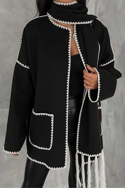 Women's Woolen Coat Scarf Spliced Fashionable Versatile Sweater Coat     B198274